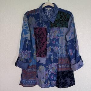 John Mark Top Women Medium Patchwork Floral Button Front Tunic Boho Artsy Shirt